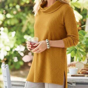 Soft Surroundings Tressa Sweater Ribbed Cowl Neck PS Petite Small Mustard Tunic